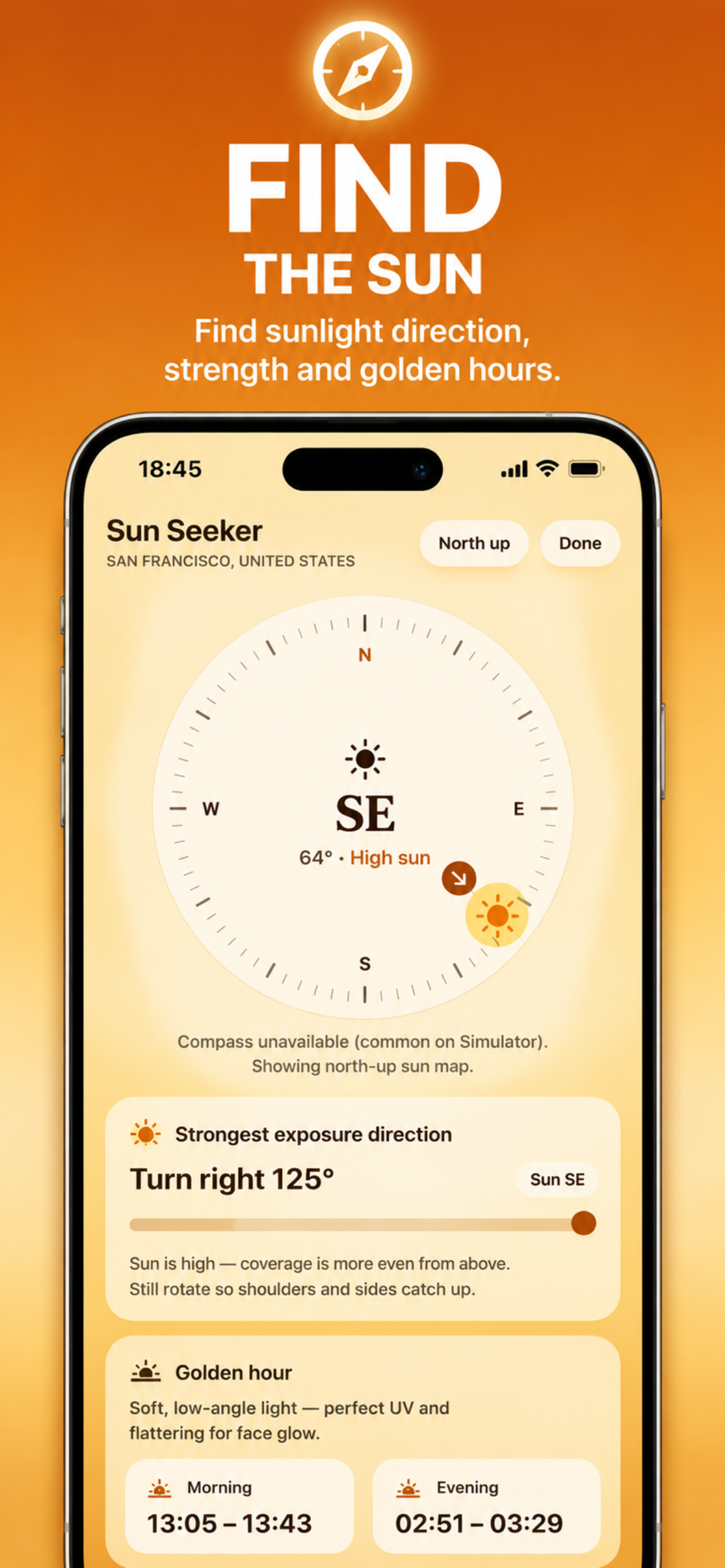 Sun Seeker compass showing the sun's live position with strongest exposure direction and golden hour windows