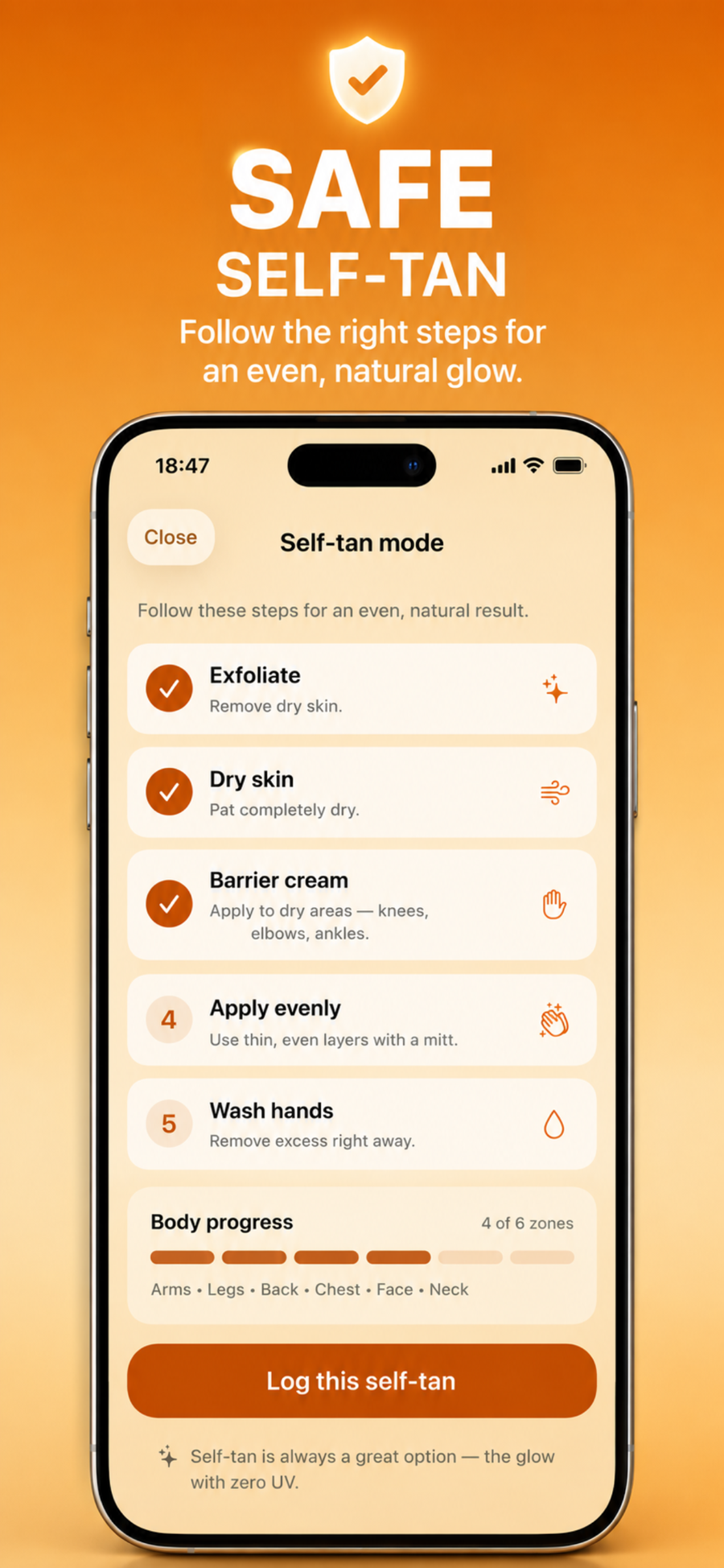 Sunhalo safe self-tan mode with step-by-step even-tan routine