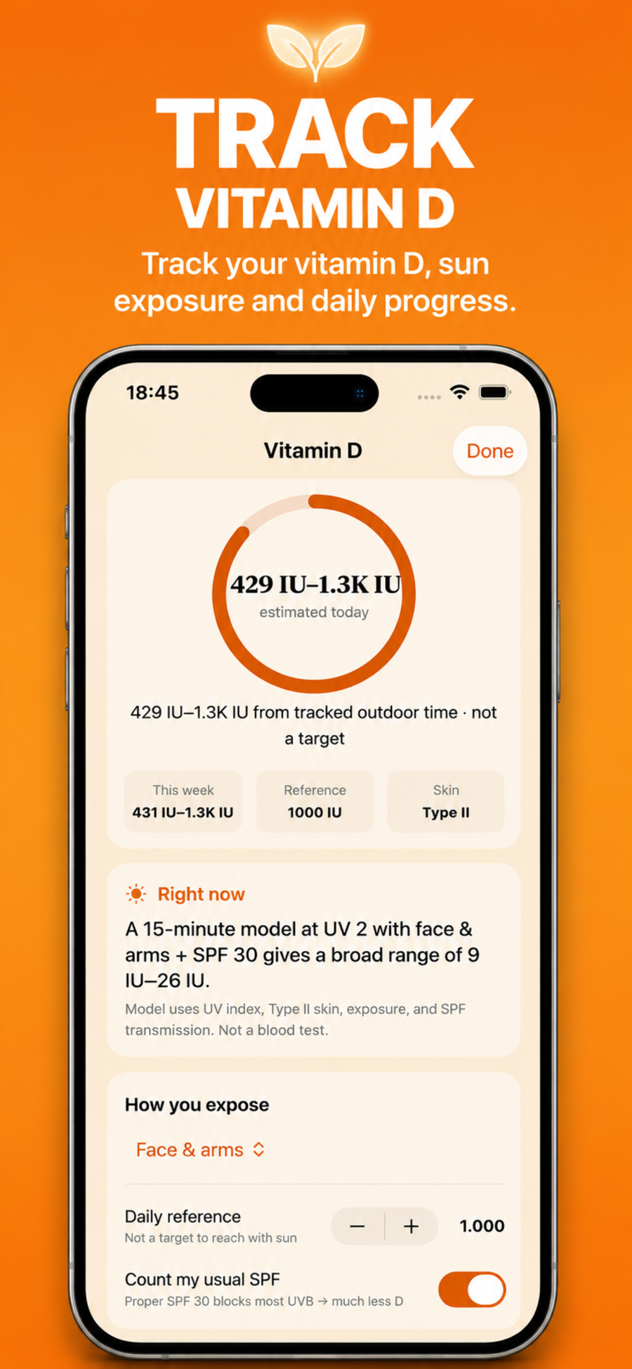 Vitamin D screen estimating daily IU from UV index, skin type and SPF
