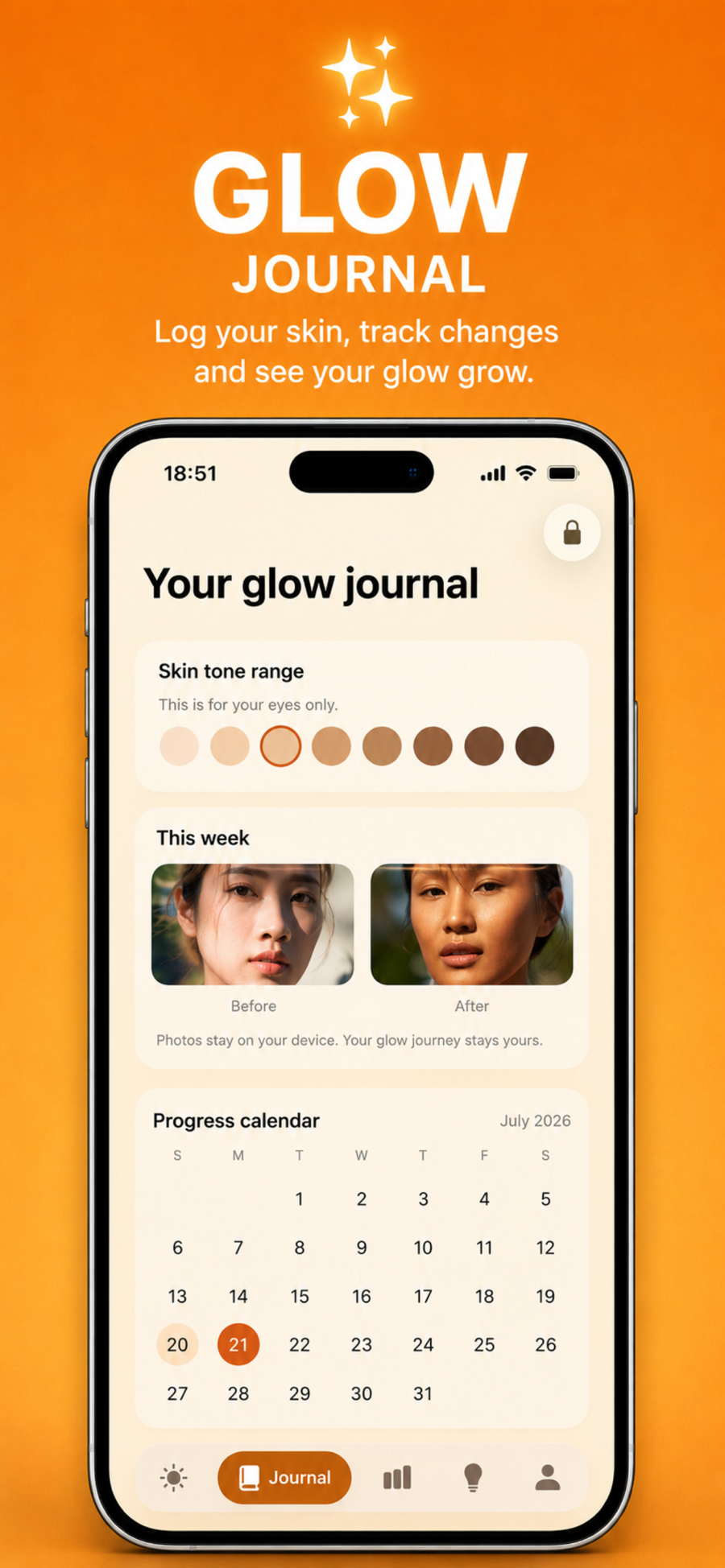 Glow journal showing skin tone range, before and after photos and a progress calendar