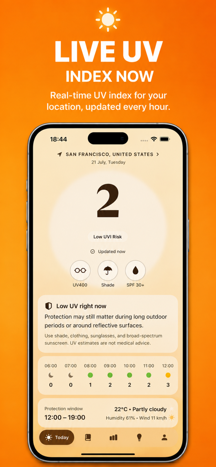 Live UV index screen with a UV risk badge, hourly UV timeline and today's protection window